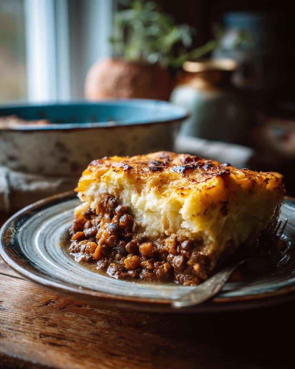 Devilish Protein Shake Recipes Blueberry Muffin, 5 Mins 6 Slice of savory casserole with lentils and mashed potato topping on a plate. Not related to protein shake recipes blueberry muffin.