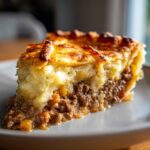 A slice of savory pie with a meat filling and mashed potato topping.