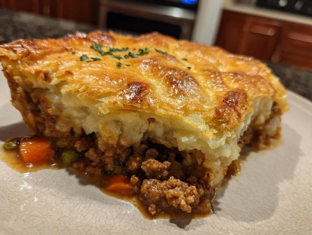 A slice of savory pie with a golden crust, meat filling, and vegetable gravy.