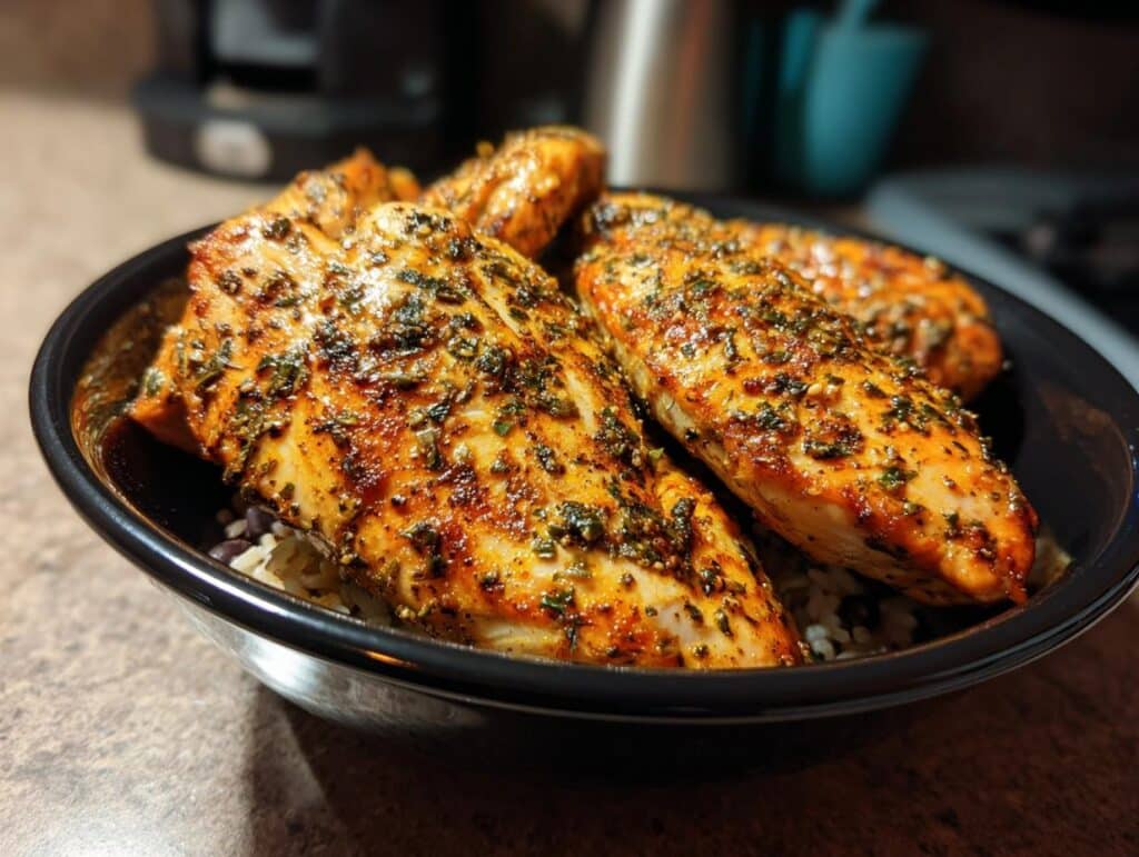 Bowl of seasoned chicken breasts over rice. Not related to blueberry oatmeal cottage cheese protein pancakes.