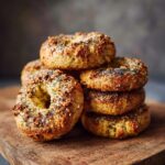 A stack of five bagels with poppy seeds and sesame seeds, sitting on a wooden board.