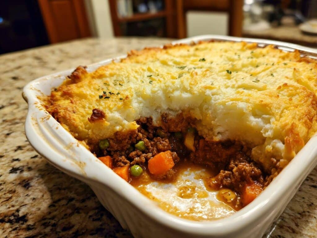Close-up of a shepherds pie casserole in a white baking dish, showing layers of meat, vegetables, and mashed potato topping.