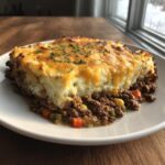 A slice of shepherds pie casserole easy recipe, featuring layers of ground meat, vegetables, and mashed potato topping.