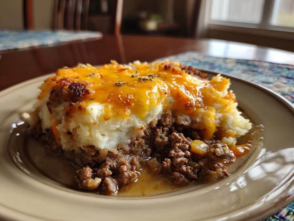 A slice of shepherds pie casserole easy recipe, featuring layers of meat, vegetables, mashed potatoes, and cheesy topping.