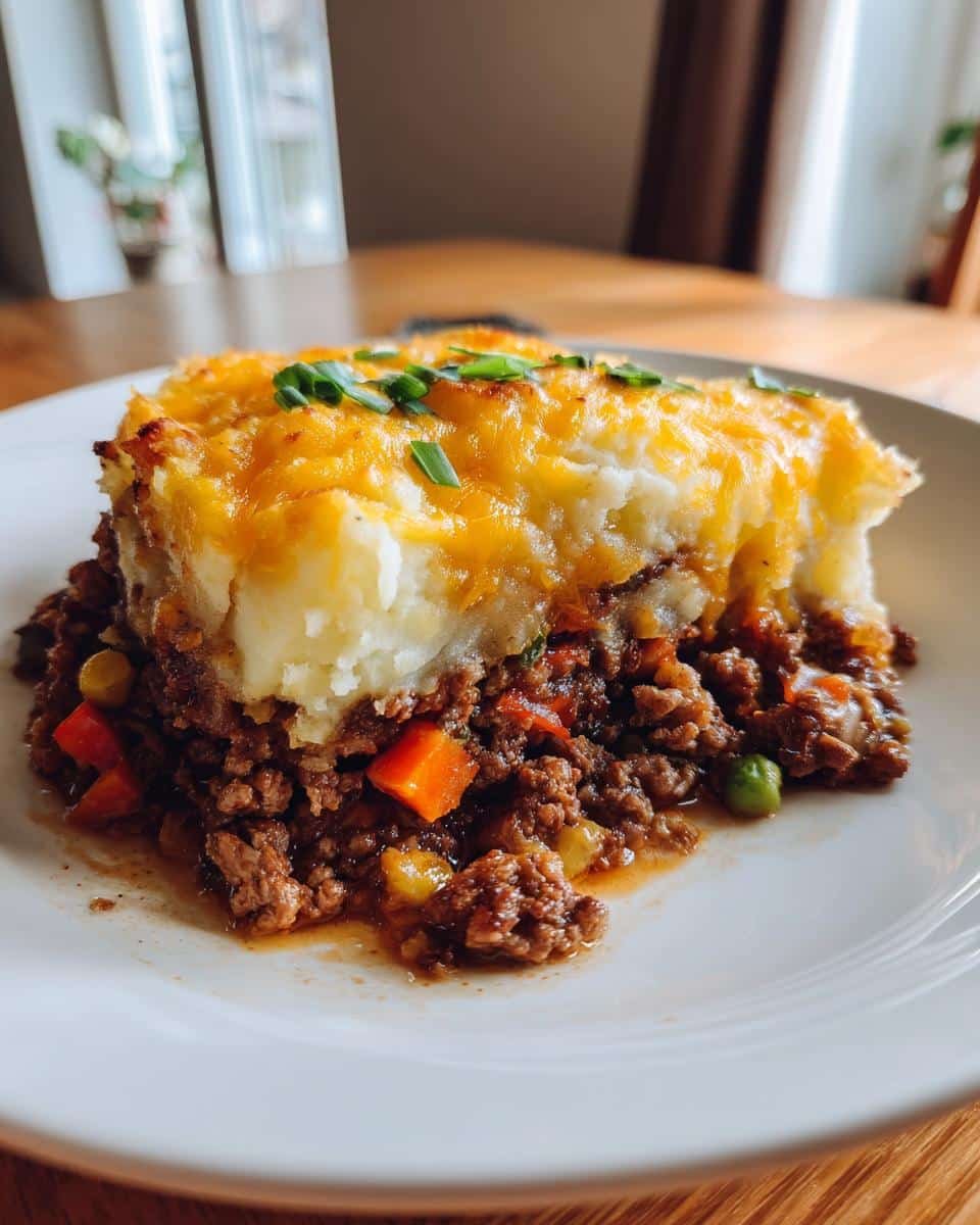 Shepherds Pie Casserole Easy: Deliciously Simple 6 A slice of shepherds pie casserole easy recipe, showing layers of meat, vegetables, and mashed potato topping.