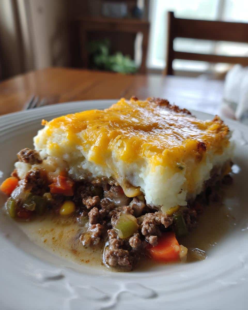 Shepherds Pie Casserole Easy: Deliciously Simple 7 A slice of shepherds pie casserole easy, featuring a meat and vegetable base topped with mashed potatoes and cheese.
