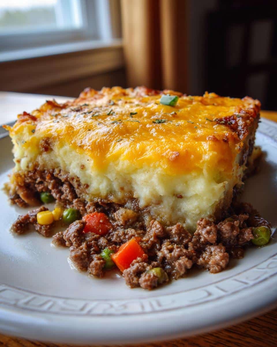 Shepherds Pie Casserole Easy: Deliciously Simple 9 A slice of shepherds pie casserole easy, showing layers of seasoned ground beef, vegetables, and mashed potato topping.
