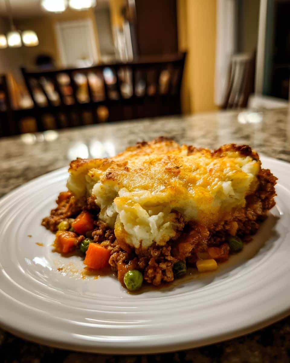 Disgustingly Easy Shepherds Pie Casserole in Just 9 Steps 8 A slice of shepherds pie casserole on a white plate, featuring a ground meat base and mashed potato topping.