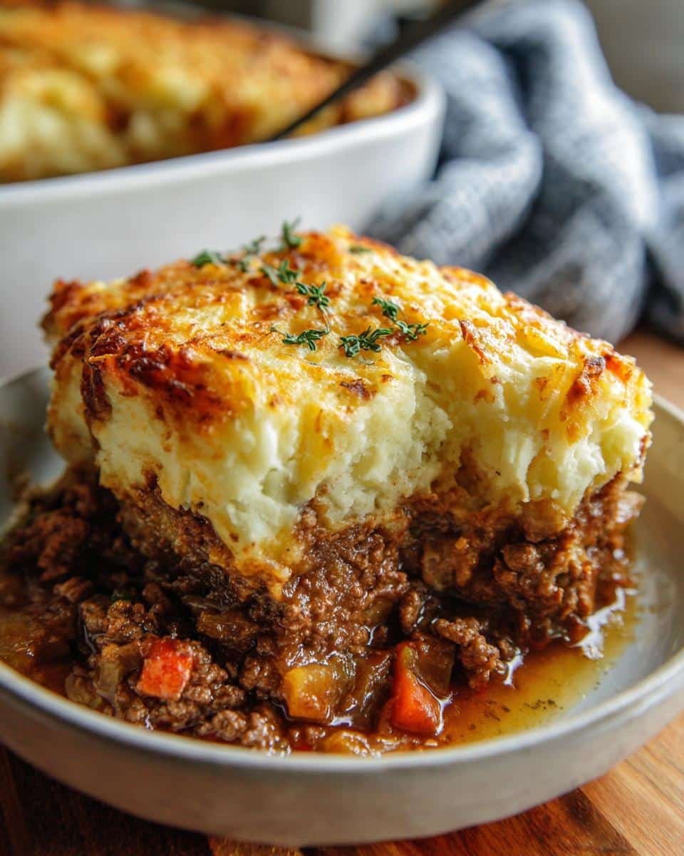 Disgustingly Easy Shepherds Pie Casserole in Just 9 Steps 9 A delicious slice of shepherds pie casserole with a crispy mashed potato topping and savory meat filling.