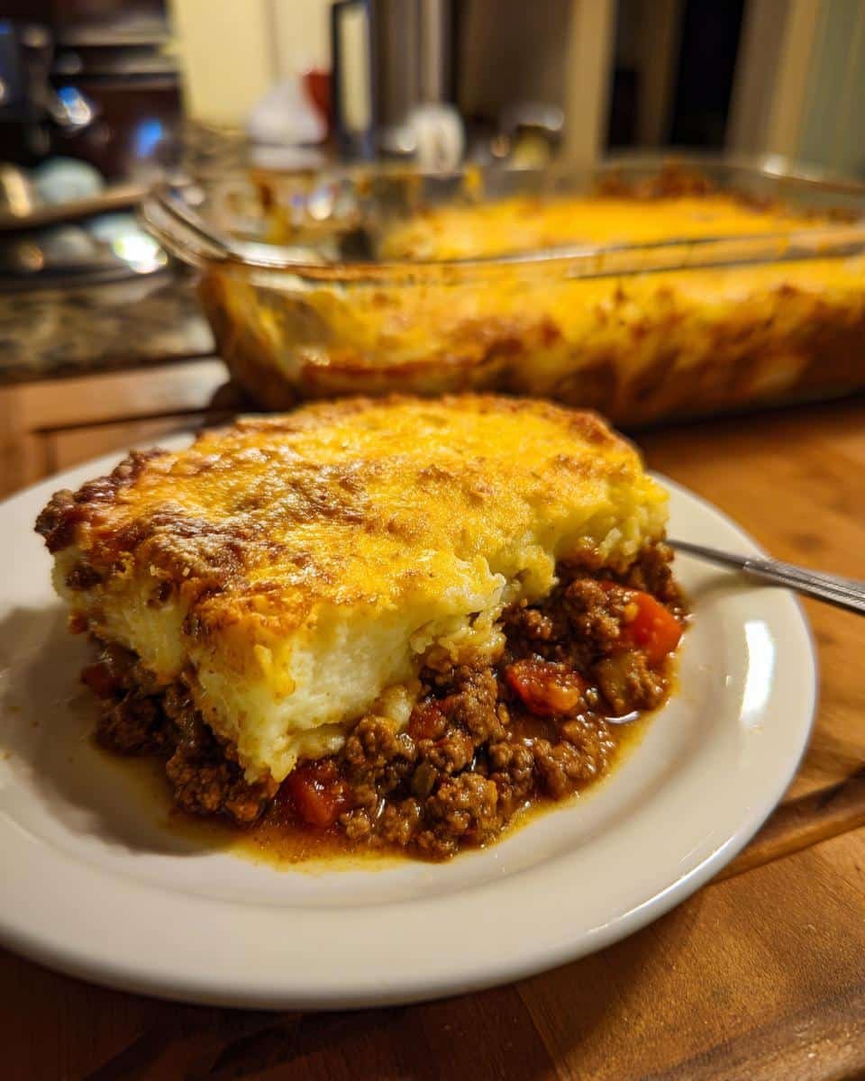 Disgustingly Easy Shepherds Pie Casserole in Just 9 Steps 6 A slice of shepherds pie casserole on a white plate, showing the meat filling and mashed potato topping.