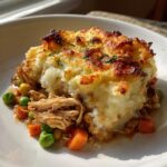 Close-up of a slice of shepherd's pie with mashed potato topping, chicken, peas, carrots, and corn.