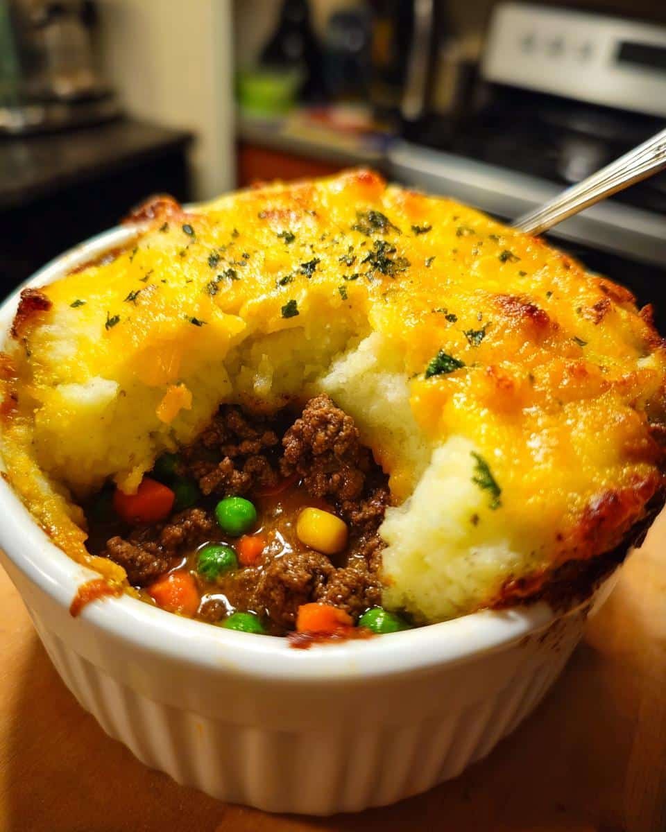 7 Amazing Weight Watchers Blueberry Yogurt Protein Bites 7 A close-up of Shepherd's Pie in a white ramekin, filled with ground beef, vegetables, and topped with mashed potatoes.