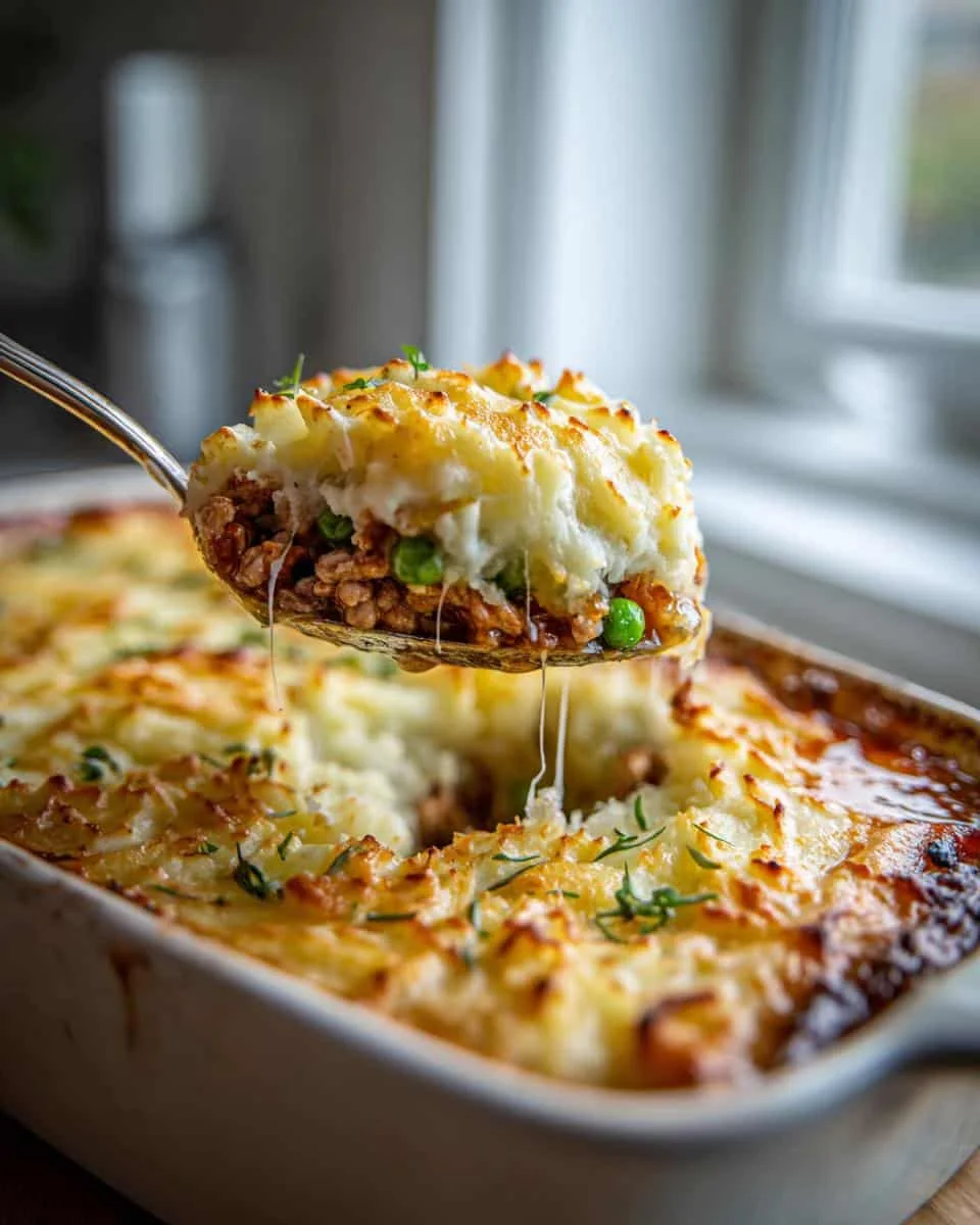 Healthy Blueberry Recipes: 5-Minute Protein Power 7 A spoonful of shepherd's pie with ground meat, peas, and mashed potato topping, showcasing a healthy protein meal.