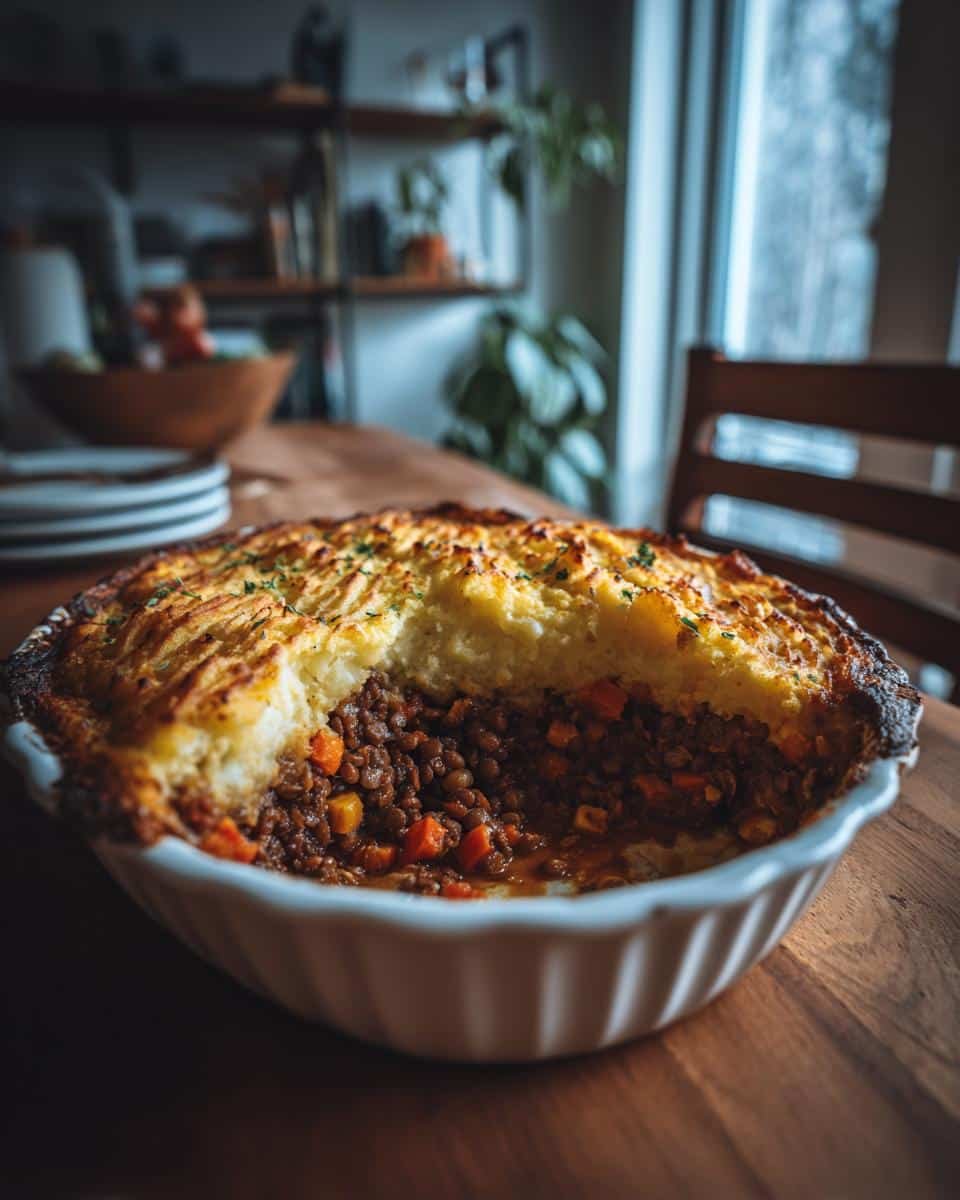 Devilish Protein Shake Recipes Blueberry Muffin, 5 Mins 7 Shepherd's pie featuring a lentil and carrot filling, topped with mashed potatoes in a white baking dish.