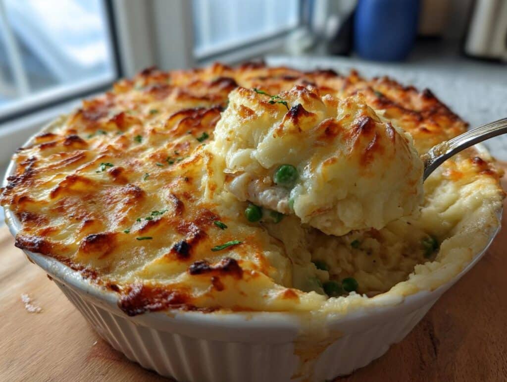 Close-up of shepherd's pie with a golden-brown mashed potato topping and a spoonful being lifted. Not related to healthy blueberry recipes protein.