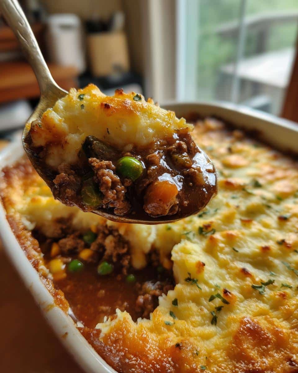 Easy Shepherds Pie Recipe Gravy: 1 Unforgivable Mistake 9 A spoonful of easy shepherds pie recipe gravy, showing the meat, vegetables, and mashed potato topping.