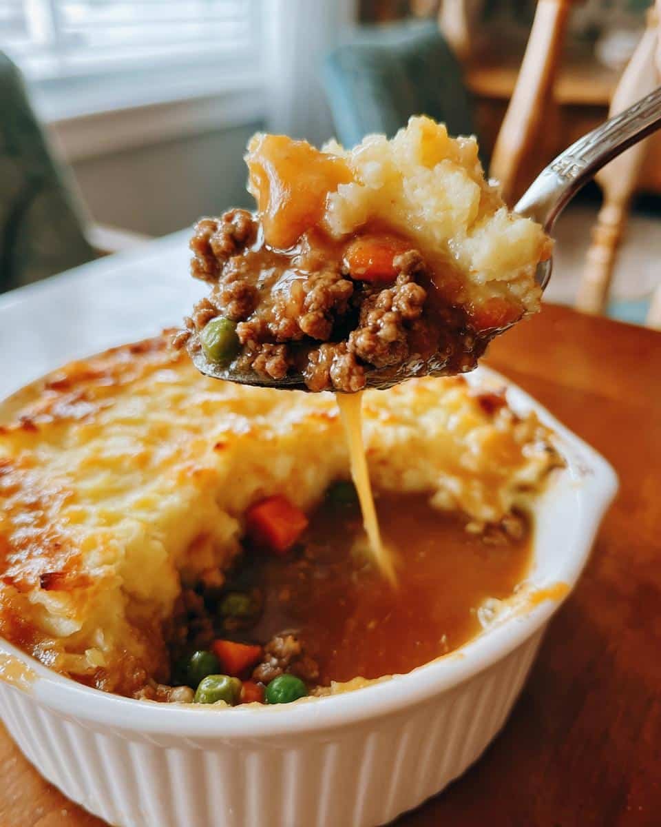Easy Shepherds Pie Recipe Gravy: 1 Unforgivable Mistake 6 Spoonful of shepherd's pie with easy shepherds pie recipe gravy, showing meat, vegetables, and mashed potato topping.