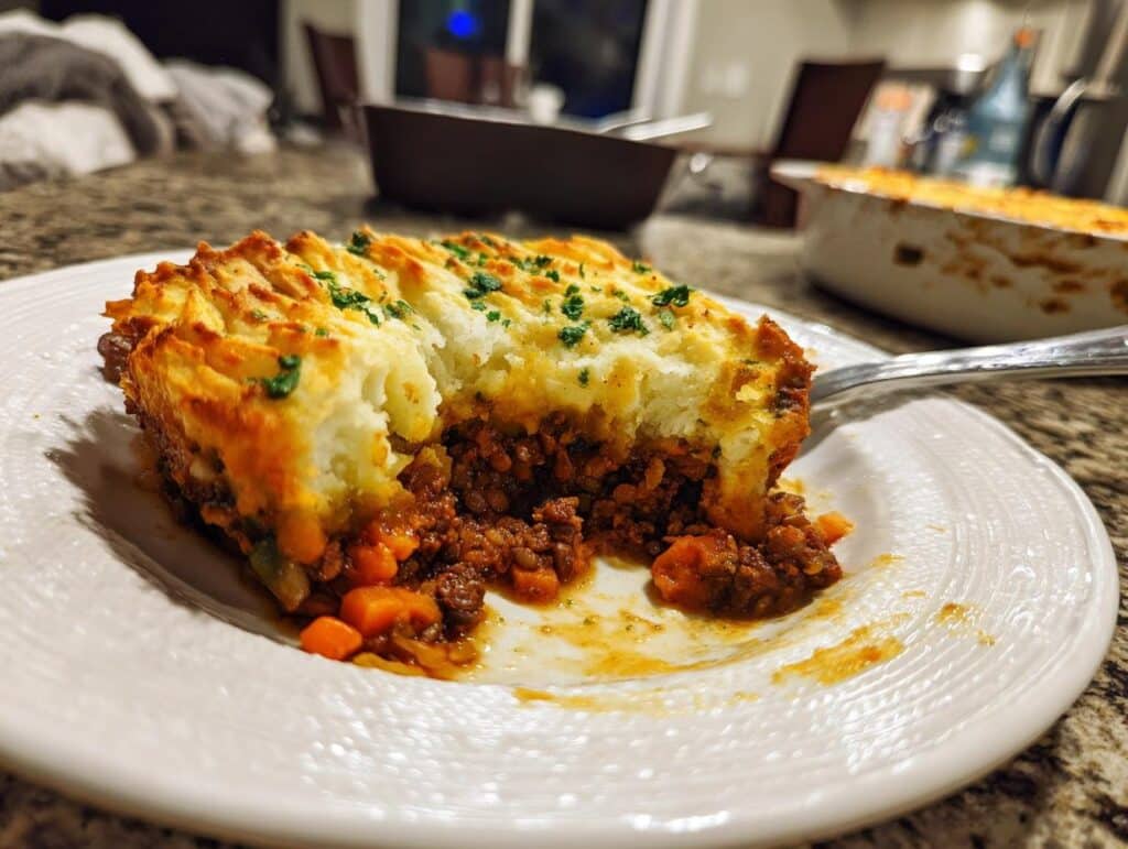 A slice of shepherd's pie with a mashed potato topping, meat filling, and vegetable pieces.