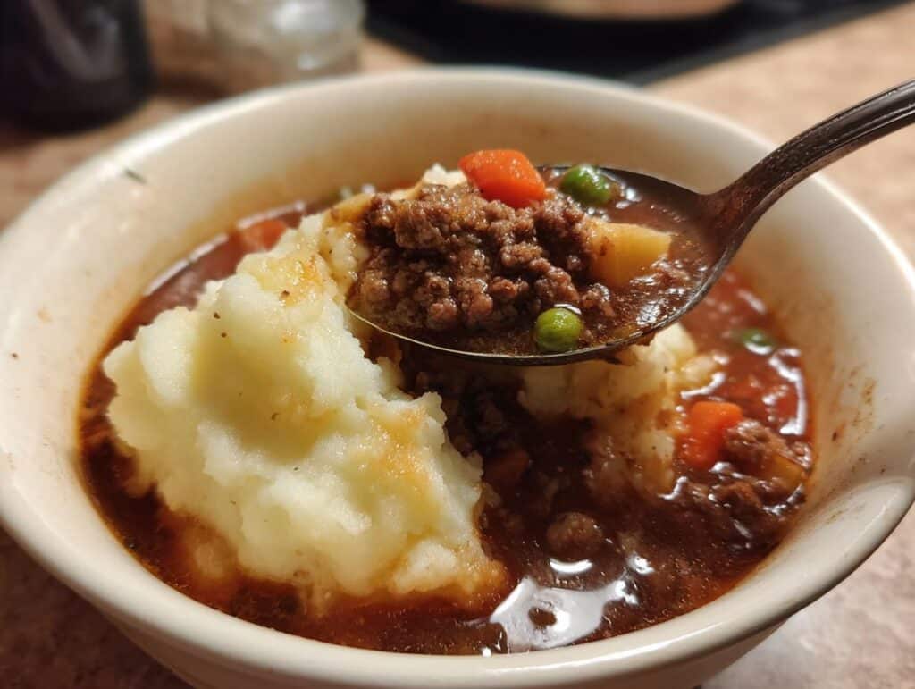 A spoonful of shepherds pie soup with mashed potatoes, ground beef, peas, and carrots.