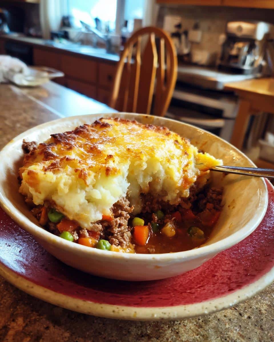 Shepherds Pie Soup: 1 Glorious Cozy Cook Recipe 6 A bowl of Shepherds Pie Soup, a cozy cook recipe with a mashed potato topping, meat, and vegetables.