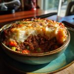 A bowl of hearty shepherds pie soup, a cozy cook recipe with meat, vegetables, and mashed potato topping.
