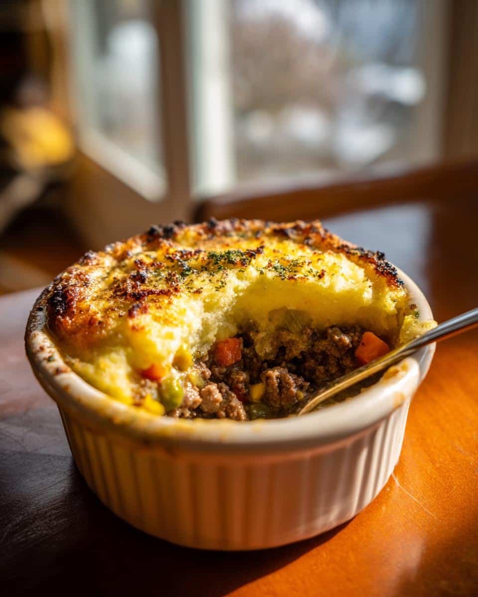 Shepherds Pie Soup: 1 Glorious Cozy Cook Recipe 8 Individual serving of Shepherds Pie Soup, a cozy cook recipe, in a white ramekin with a spoon.