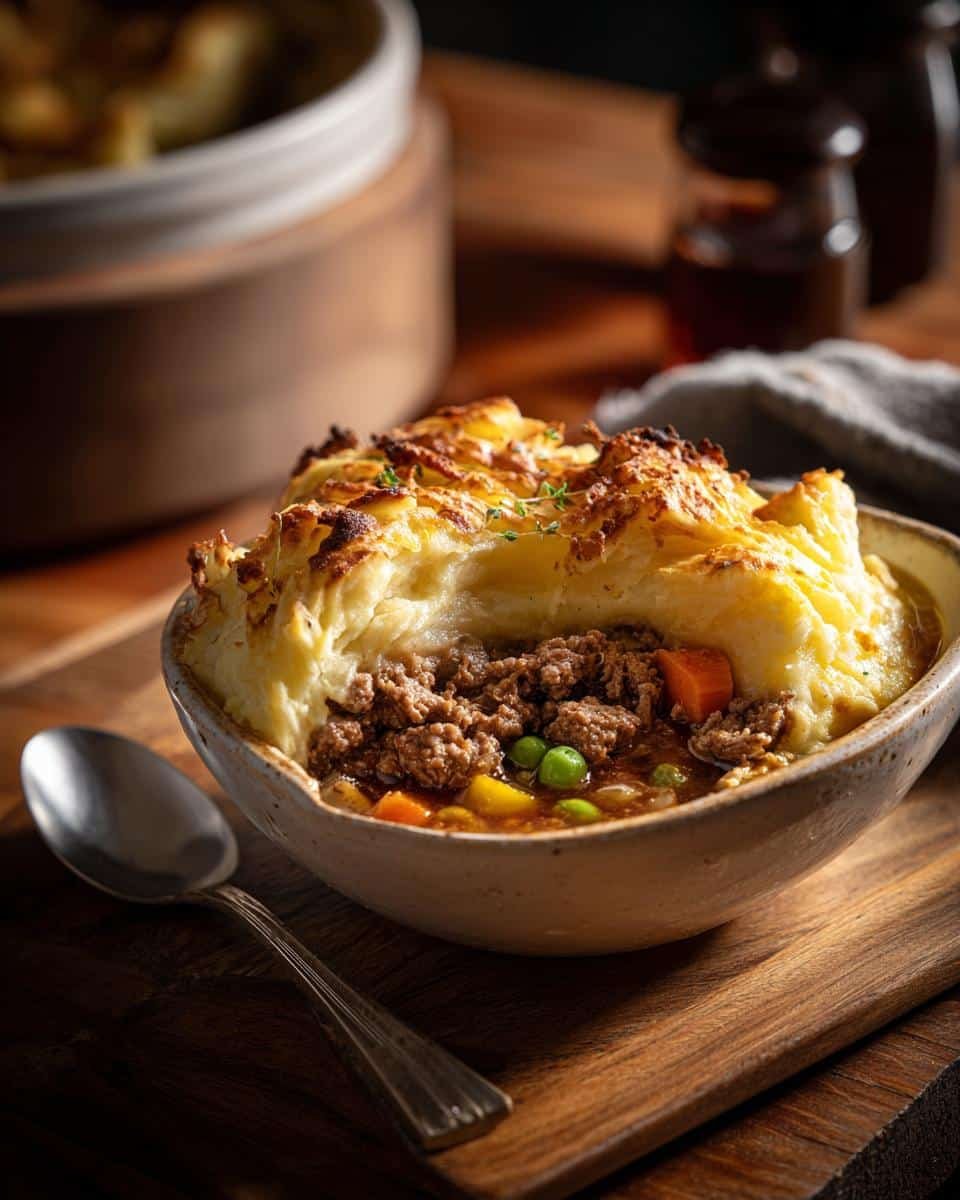 Shepherds Pie Soup: 1 Glorious Cozy Cook Recipe 9 A bowl of shepherds pie soup, a cozy cook recipe, with mashed potato topping, meat, and vegetables.