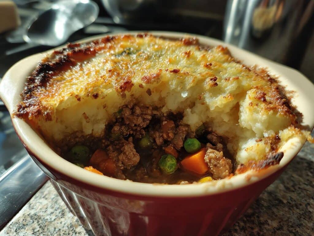 A bowl of Shepherds Pie Soup cozy cook recipe, featuring a mashed potato topping and visible meat and vegetable filling.