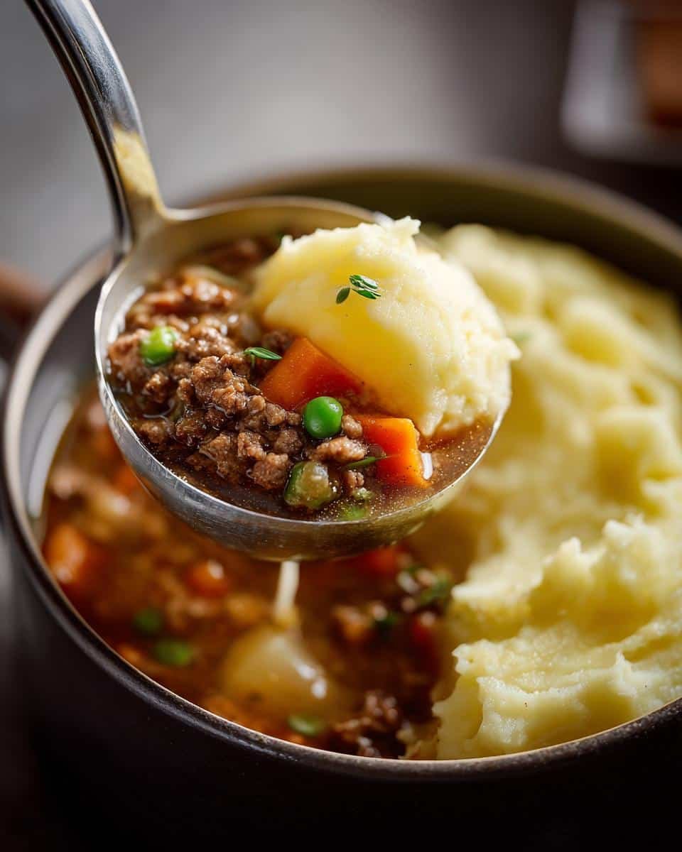 Comforting Shepherds Pie Soup Recipe in Just 45 Minutes 8 A ladle filled with shepherds pie soup, featuring ground meat, vegetables, and a scoop of mashed potatoes.