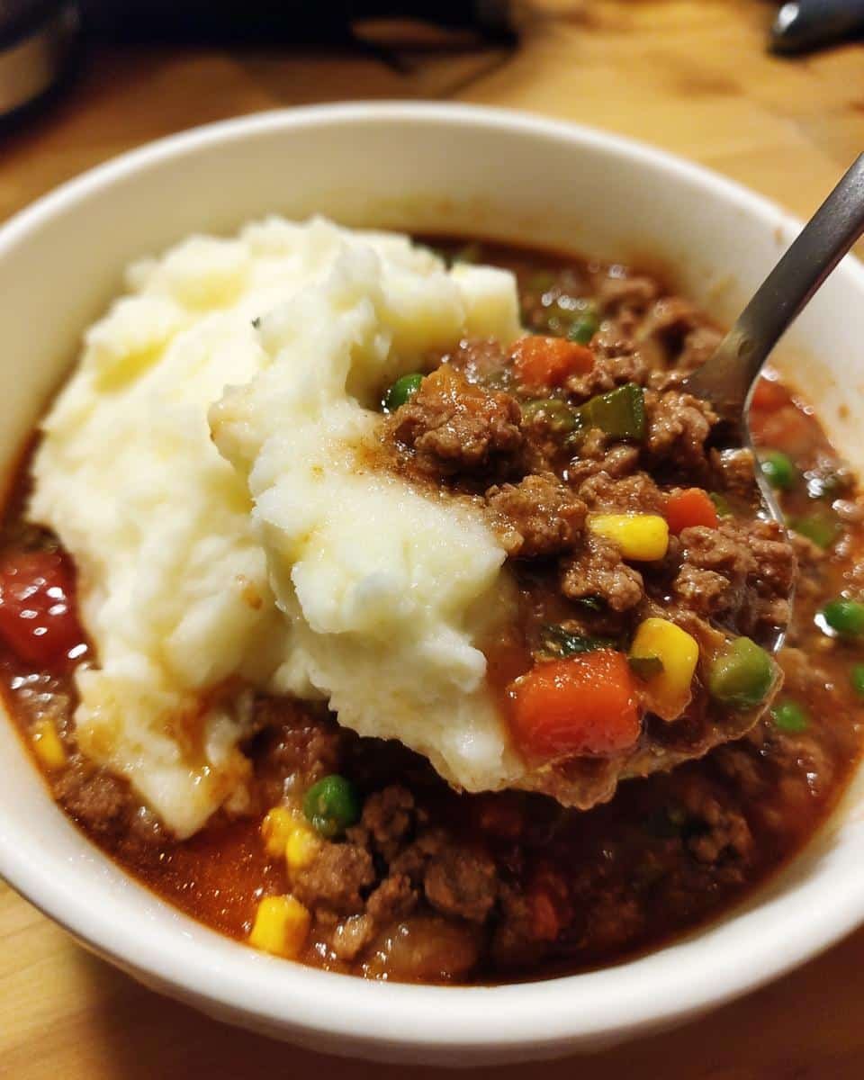 Comforting Shepherds Pie Soup Recipe in Just 45 Minutes 6 A spoonful of shepherds pie soup with ground beef, vegetables, and mashed potato topping.