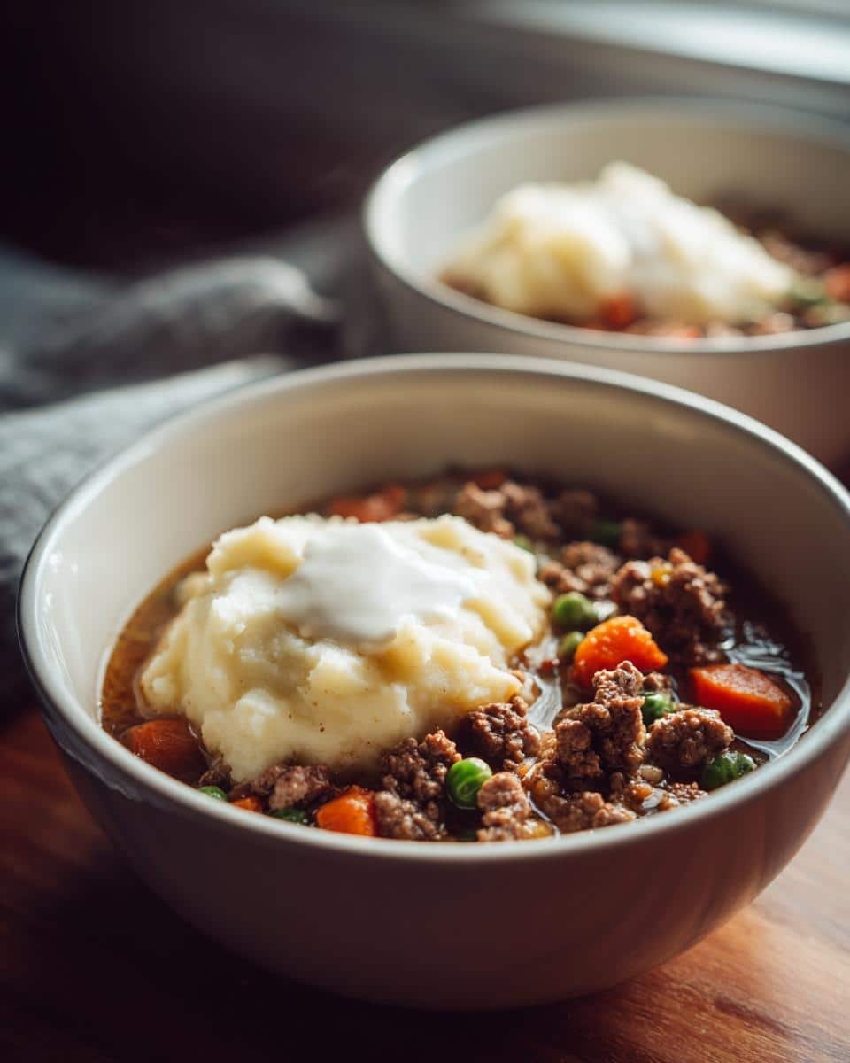 Disgustingly Easy Shepherds Pie Soup Recipe in 3 Steps 6 Two bowls of hearty shepherds pie soup recipe easy, topped with mashed potatoes and a dollop of sour cream.