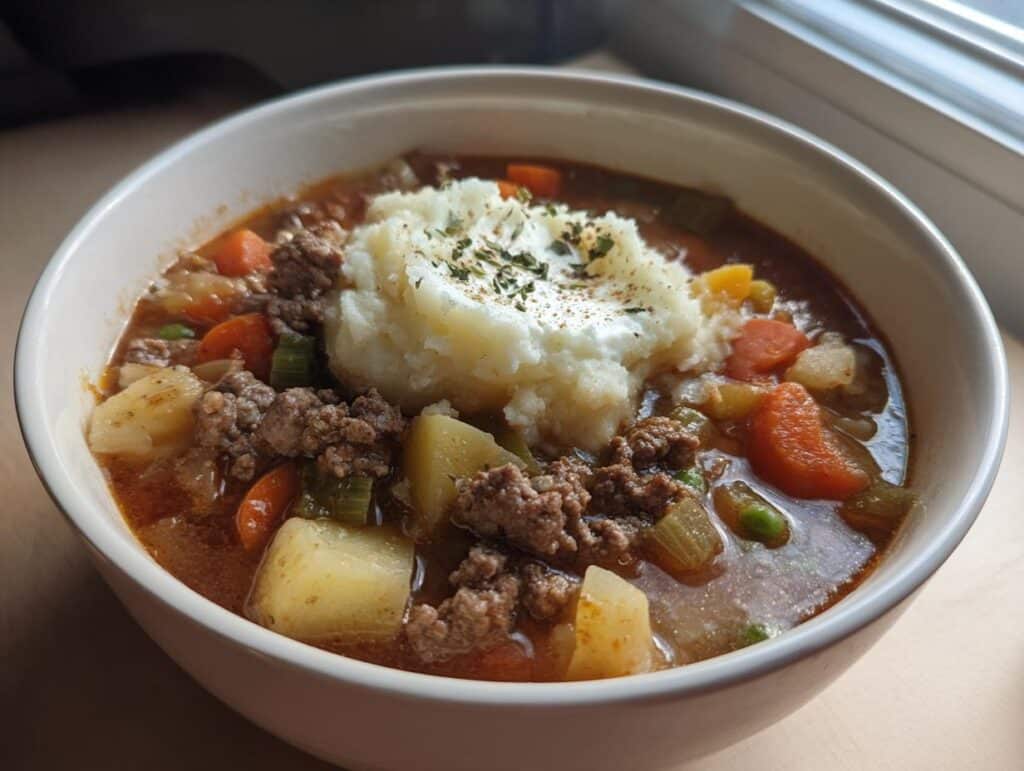 A bowl of easy shepherds pie soup recipe, topped with mashed potatoes and herbs. Close-up view.