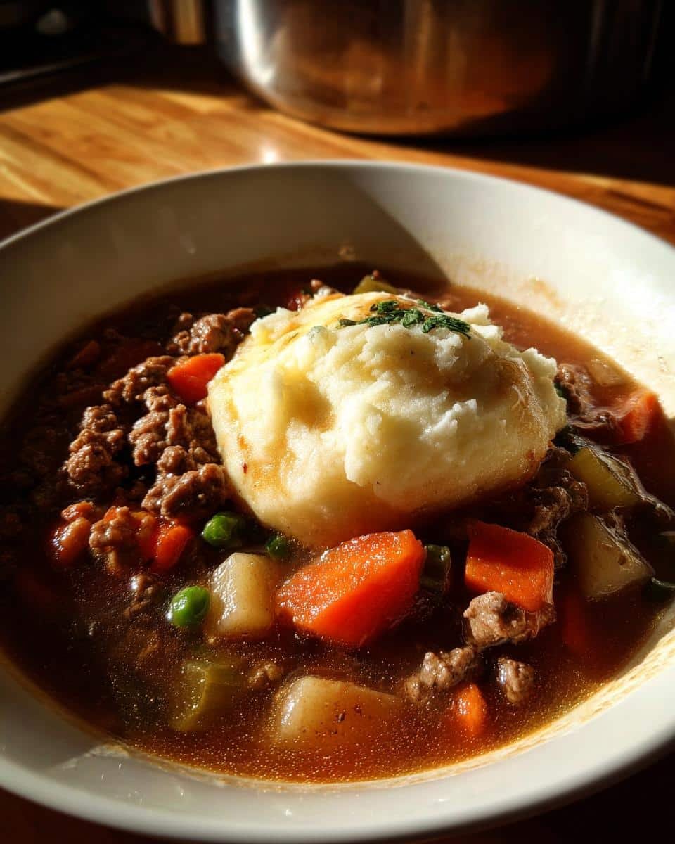 Disgustingly Easy Shepherds Pie Soup Recipe in 3 Steps 7 A bowl of hearty shepherds pie soup recipe easy, topped with mashed potatoes and garnished with parsley.
