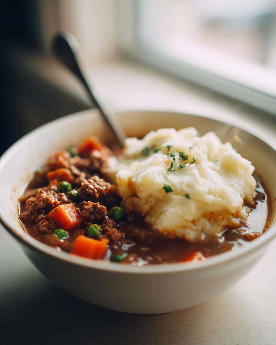 Disgustingly Easy Shepherds Pie Soup Recipe in 3 Steps 9 A bowl of hearty shepherds pie soup recipe easy, topped with mashed potatoes and garnished with parsley.