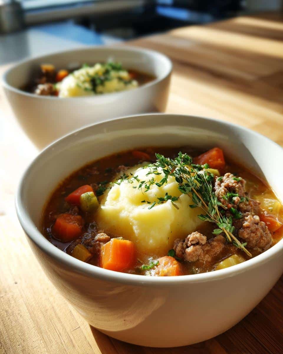 Disgustingly Easy Shepherds Pie Soup Recipe in 3 Steps 8 Two bowls of shepherds pie soup recipe easy, topped with mashed potatoes and fresh herbs.