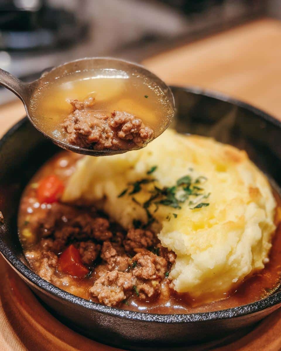 Comforting Shepherds Pie Soup Recipe in Just 45 Minutes 7 Close-up of a spoonful of shepherds pie soup, featuring beef and broth, with mashed potato topping in the bowl.