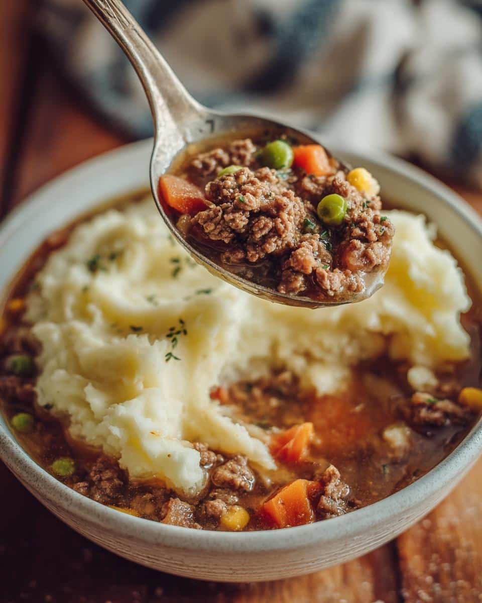 Comforting Shepherds Pie Soup Recipe in Just 45 Minutes 9 Spoonful of shepherds pie soup with ground meat, vegetables, and mashed potato topping.
