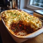 Close-up of a Shepherd's Pie with a rich meat and vegetable filling and mashed potato topping.