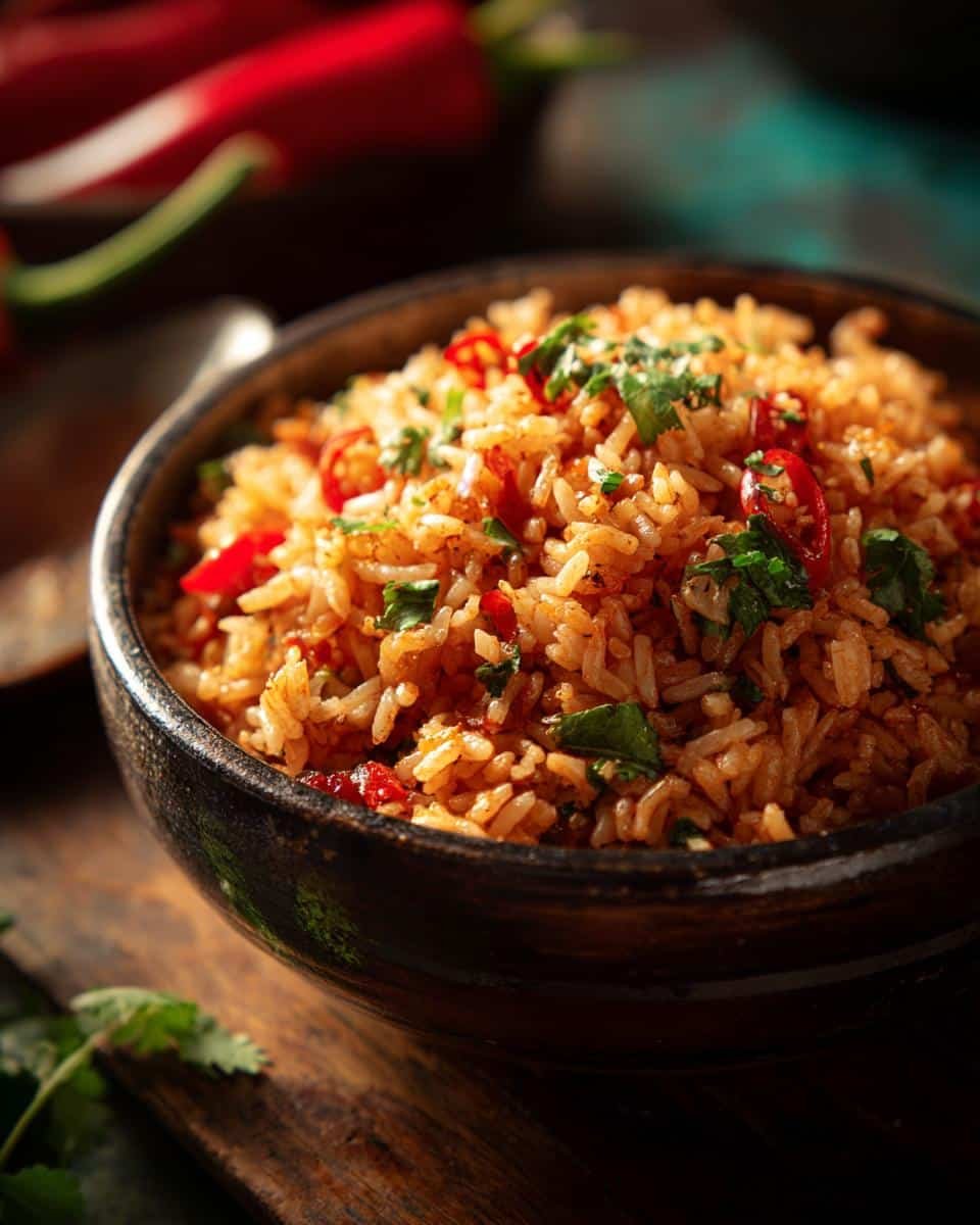 Delicious Baked Blueberry Cottage Cheese Bowls in 25 Minutes 6 Bowl of spicy rice garnished with fresh herbs and red chili peppers. Not related to baked blueberry cottage cheese breakfast bowls.