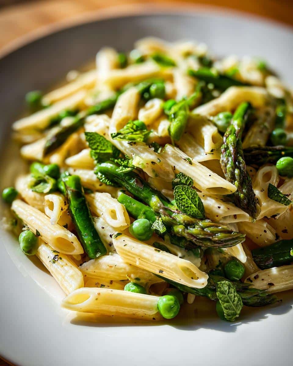Disgustingly Easy Spring Cold Pasta Salads in 30 Mins 9 A vibrant spring cold pasta salad featuring penne pasta, asparagus, peas, and fresh mint.