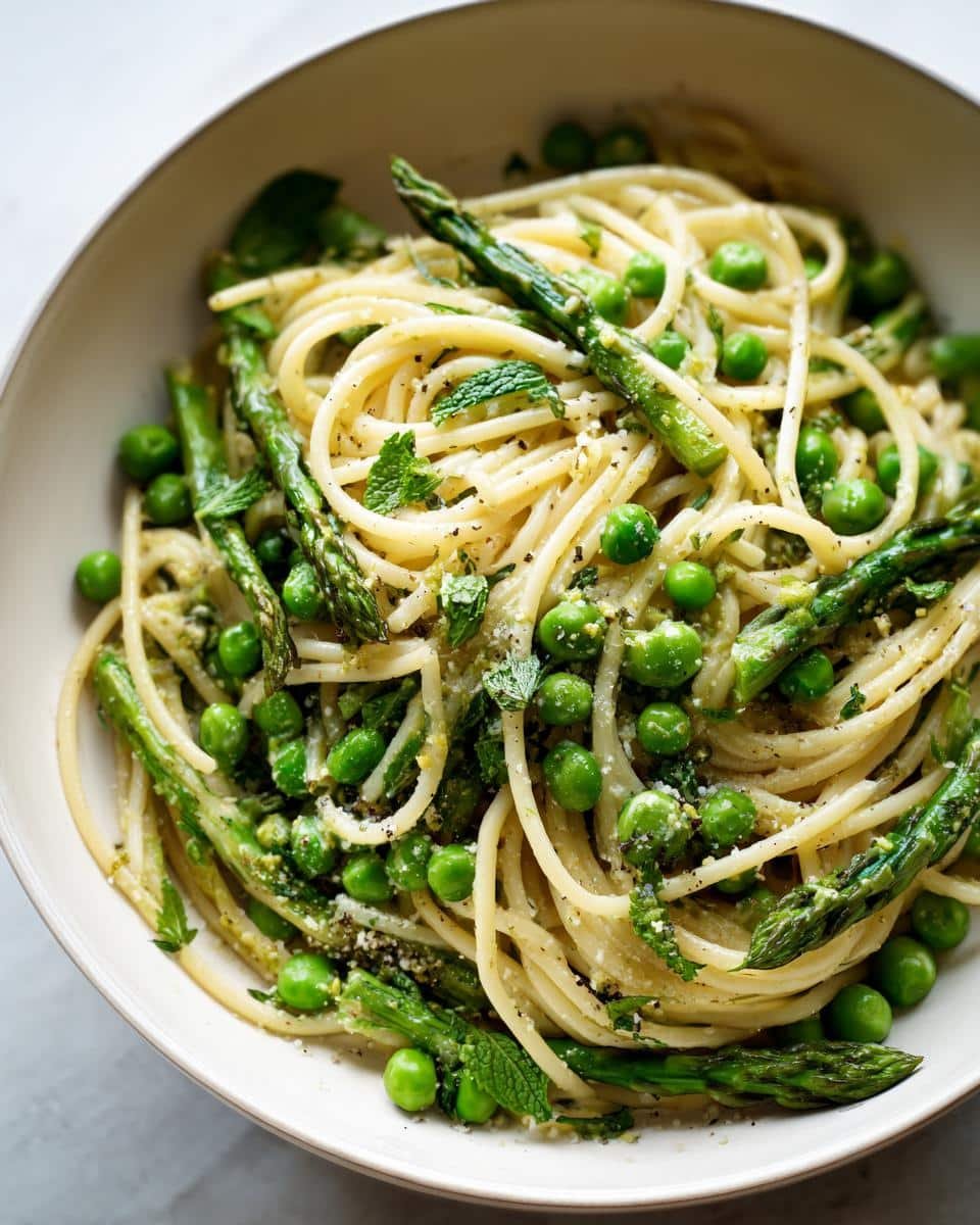 Disgustingly Easy Spring Cold Pasta Salads in 30 Mins 8 Overhead view of spring cold pasta salad featuring spaghetti, asparagus, peas, and fresh mint.