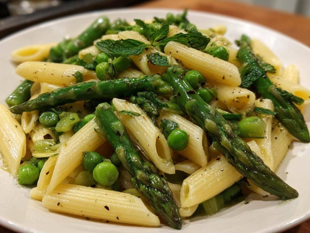 Close-up of spring cold pasta salads with penne pasta, asparagus, peas, and fresh mint.