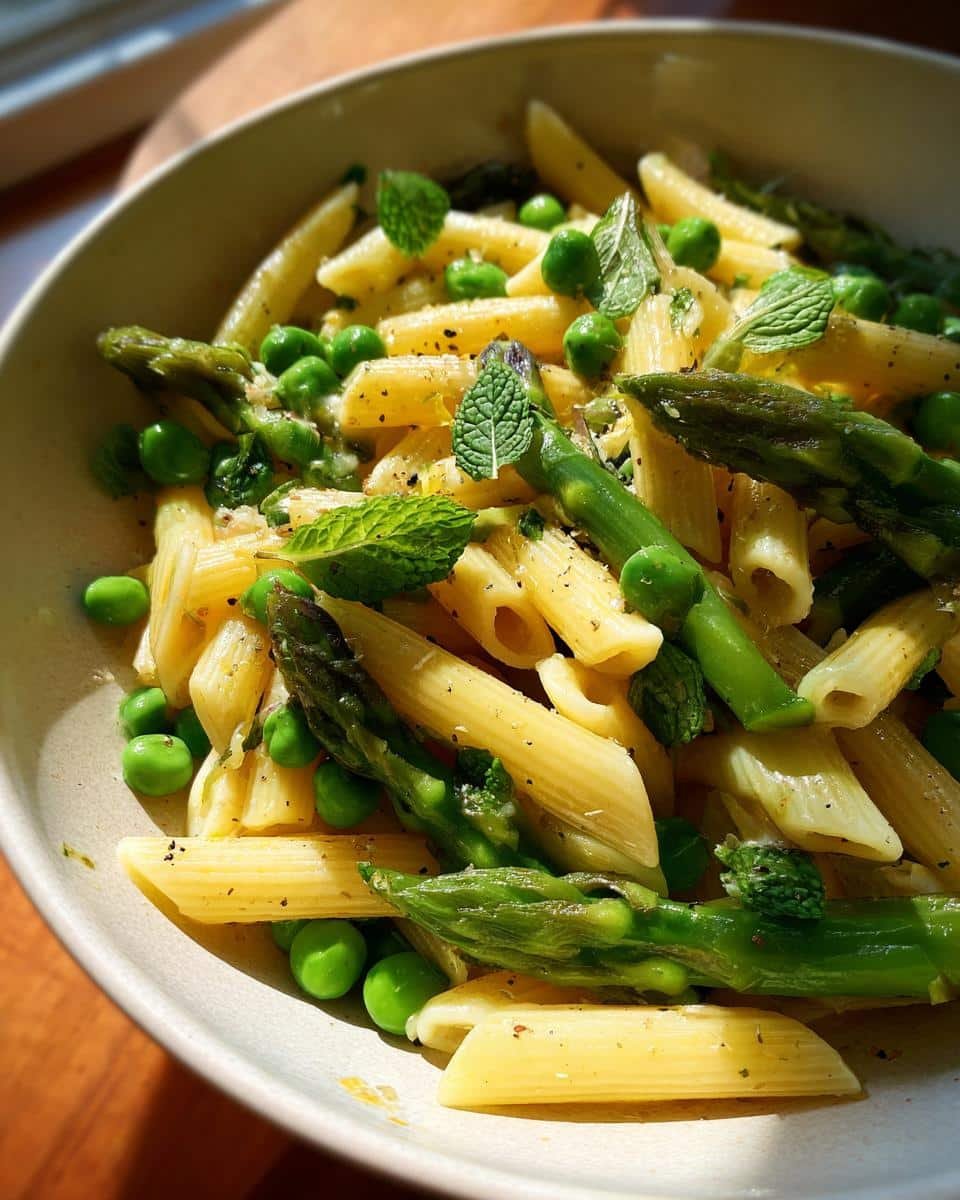 Disgustingly Easy Spring Cold Pasta Salads in 30 Mins 6 Bowl of spring cold pasta salad with penne pasta, green peas, asparagus, and fresh mint.