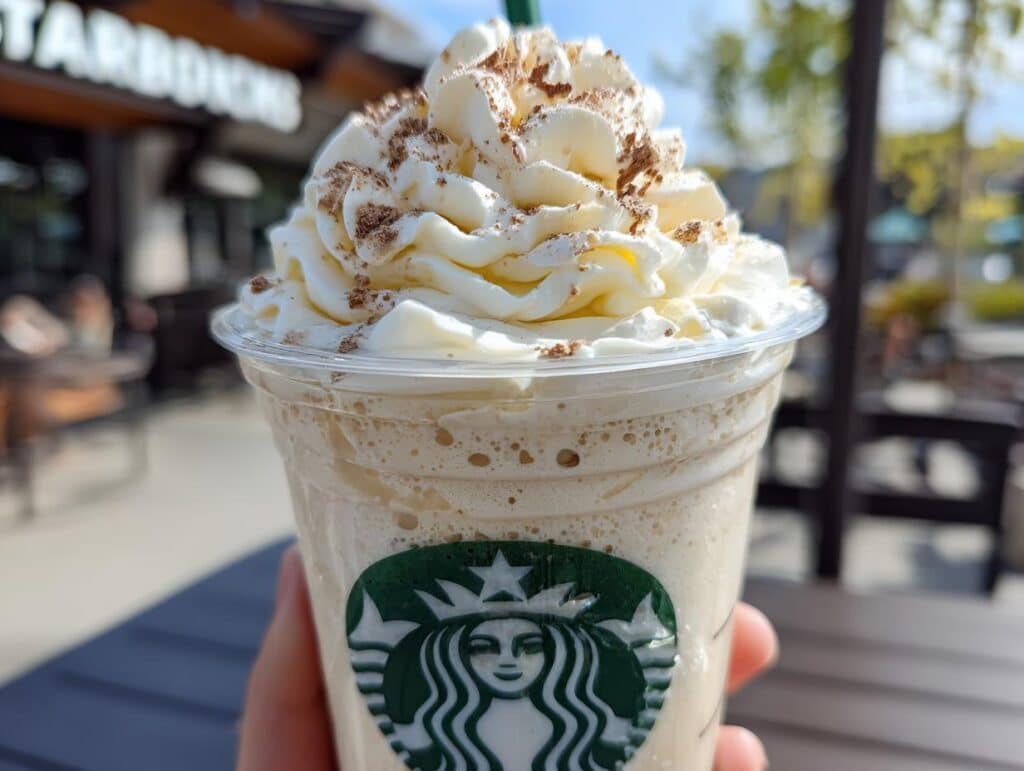 A Starbucks Vanilla Bean Frappuccino topped with whipped cream and chocolate sprinkles, held in hand.
