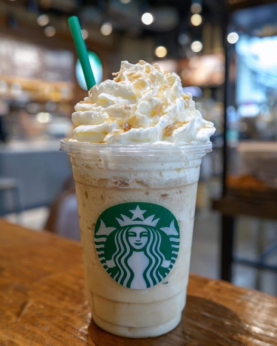 Starbucks Vanilla Bean Frappuccino Recipe: Foolproof 6 A Starbucks Vanilla Bean Frappuccino topped with whipped cream and caramel drizzle, sitting on a wooden table.