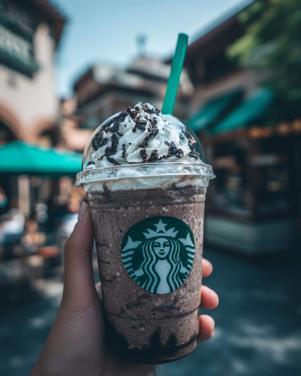 Starbucks Vanilla Bean Frappuccino Recipe: Foolproof 7 A hand holds a Starbucks Vanilla Bean Frappuccino topped with whipped cream and chocolate sprinkles.