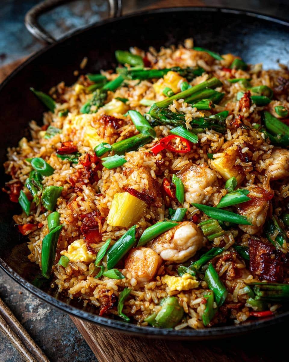 Devilish Blueberry Muffin Protein Bites in Just 10 Mins 6 Close-up of stir-fried rice with chicken, pineapple, asparagus, and green onions in a wok.