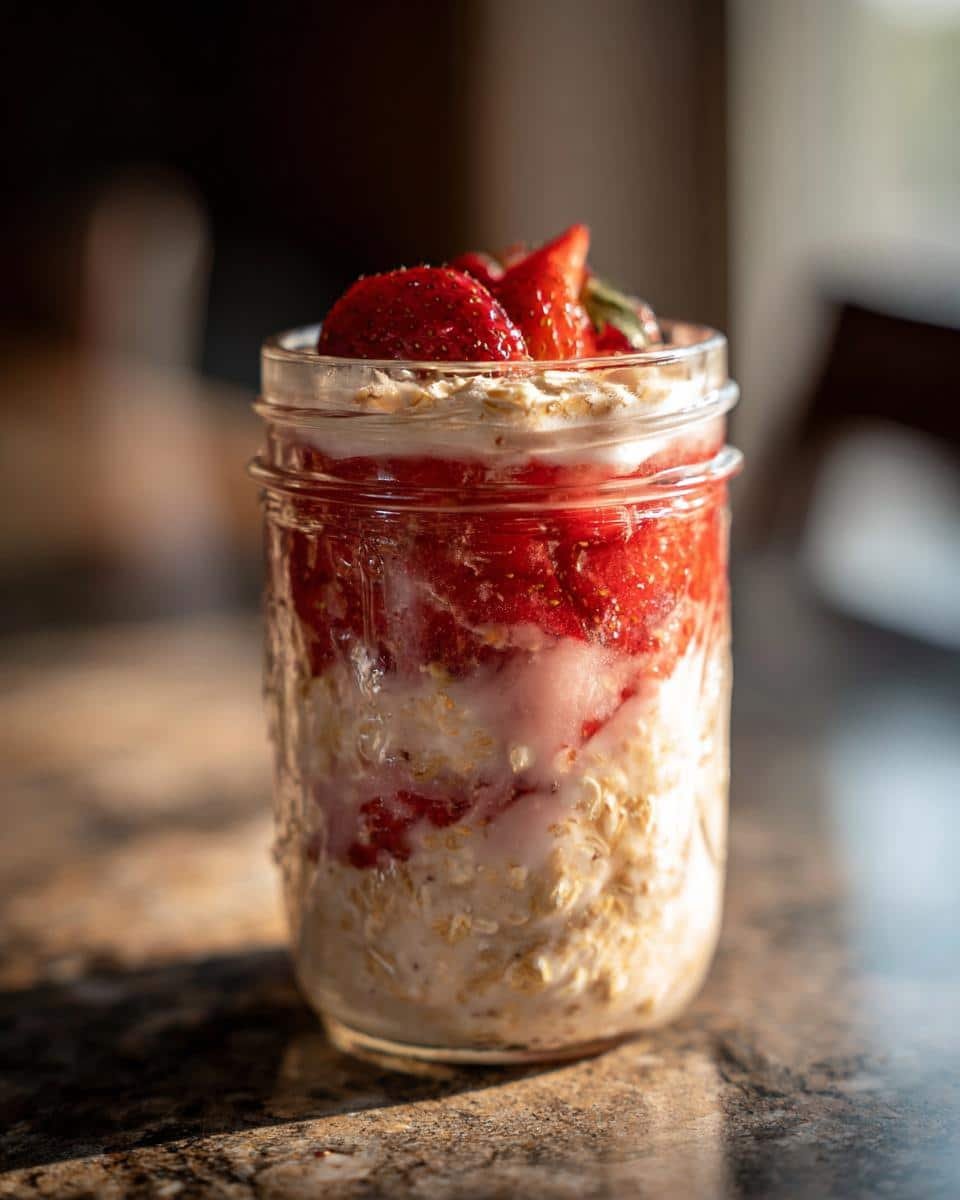 Devour 300 Calorie Blueberry High Protein Breakfast Bake 9 Layered strawberry high protein breakfast bake in a mason jar, topped with fresh strawberries.