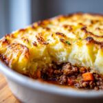 Close-up of a delicious Twice Baked Potato Shepherds Pie with a golden potato topping and savory meat filling.
