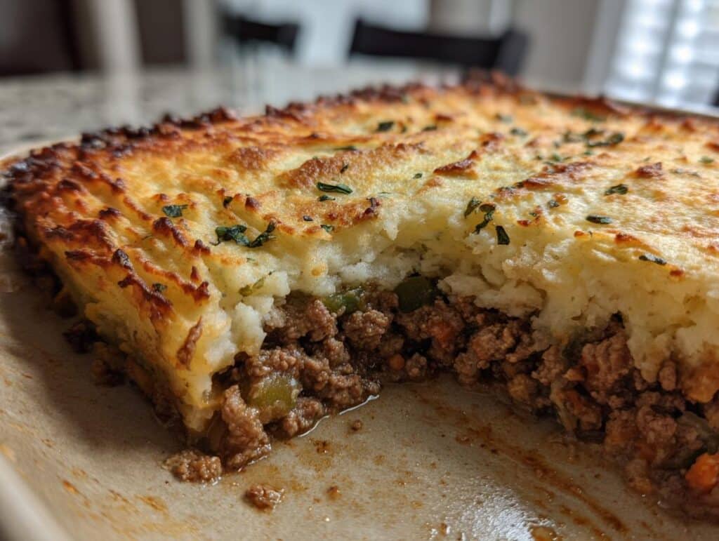 Close-up of a delicious twice baked potato shepherds pie with a golden-brown potato topping and savory meat filling.